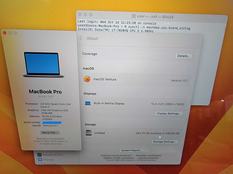 MacBook Pro 2017 15"|4-Core i7-7820HQ @2.9GHz 16GB RAM 500GB SSD Radeon READ