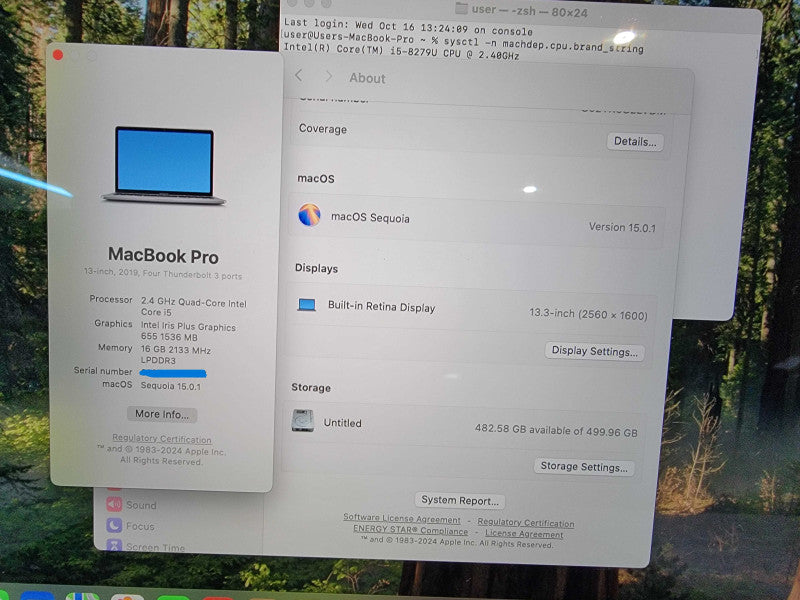 MacBook Pro Retina 13" 2019 |4-Core i5-8279U @2.4GHz 16GB RAM 500GB SSD READ