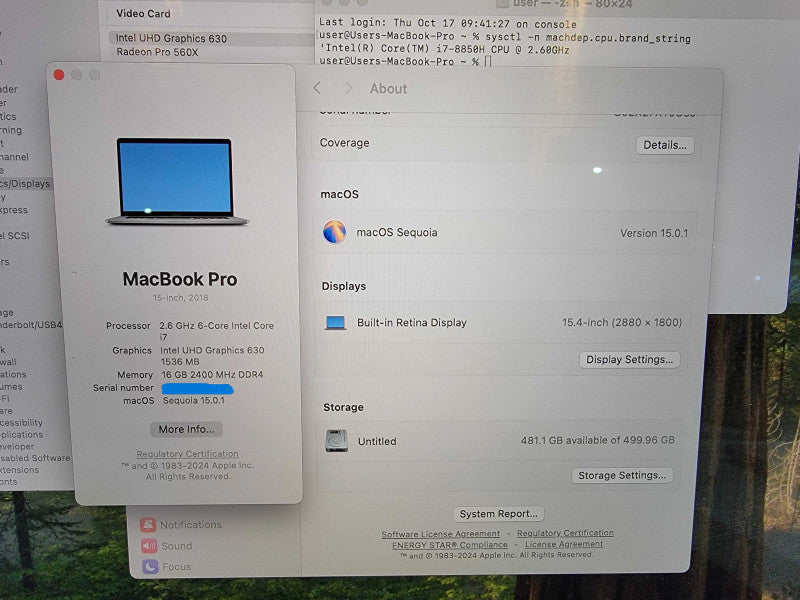 MacBook Pro 15" 2018 |6-Core i7-8850H @2.6GHz 16GB RAM 500GB-SSD Radeon READ