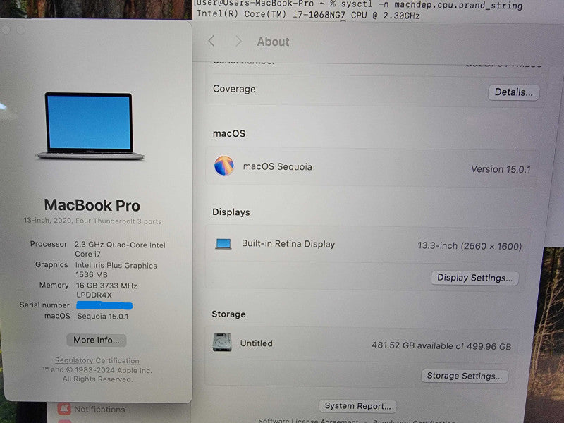 MacBook Pro Retina 13" 2020 |4-Core i7-1068NG7 @2.3GHz | 16GB RAM | 500GB SSD