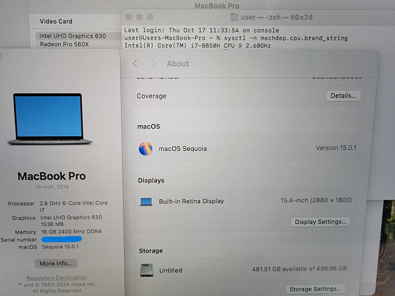 MacBook Pro 15" 2018 |6-Core i7-8850H @2.6GHz 16GB RAM 500GB-SSD Radeon READ