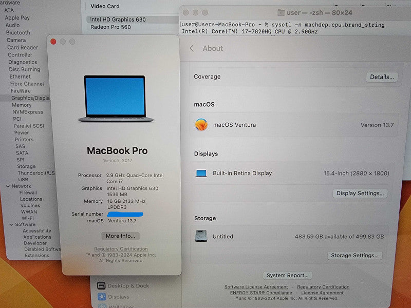 MacBook Pro 15" 2017 |4-Core i7-7820HQ @2.9GHz 16GB RAM 500GB-SSD Radeon READ