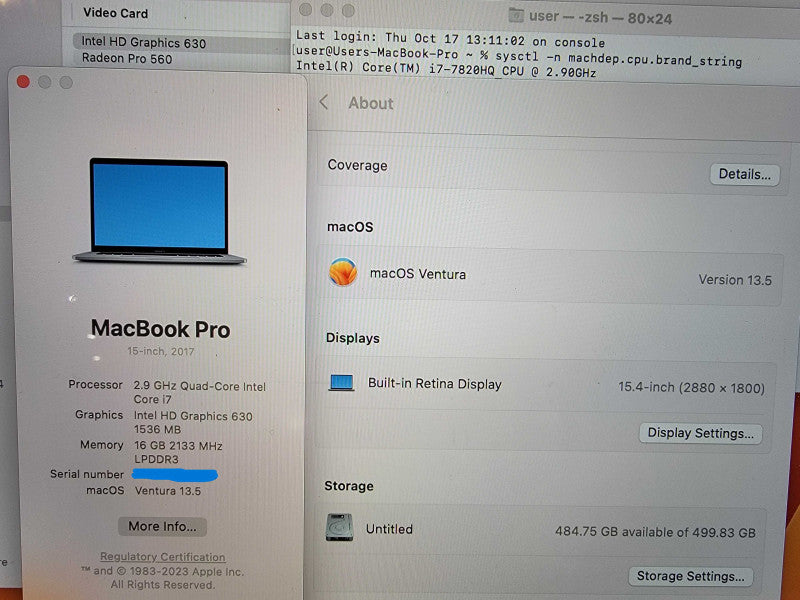 MacBook Pro 15" 2017 |4-Core i7-7820HQ @2.9GHz 16GB RAM 500GB-SSD Radeon READ