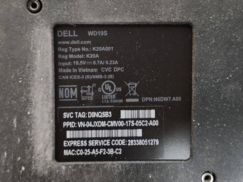 Dell WD19S (K20A001) USB Type-C Docking Station w/ 130W AC Adapter, TESTED