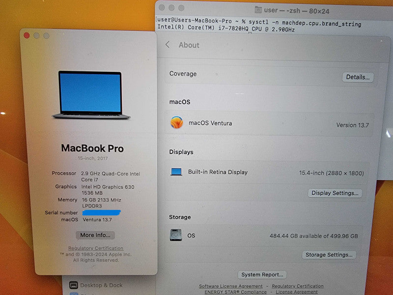 MacBook Pro 15" 2017 |4-Core i7-7820HQ @2.9GHz 16GB RAM 500GB-SSD Radeon READ