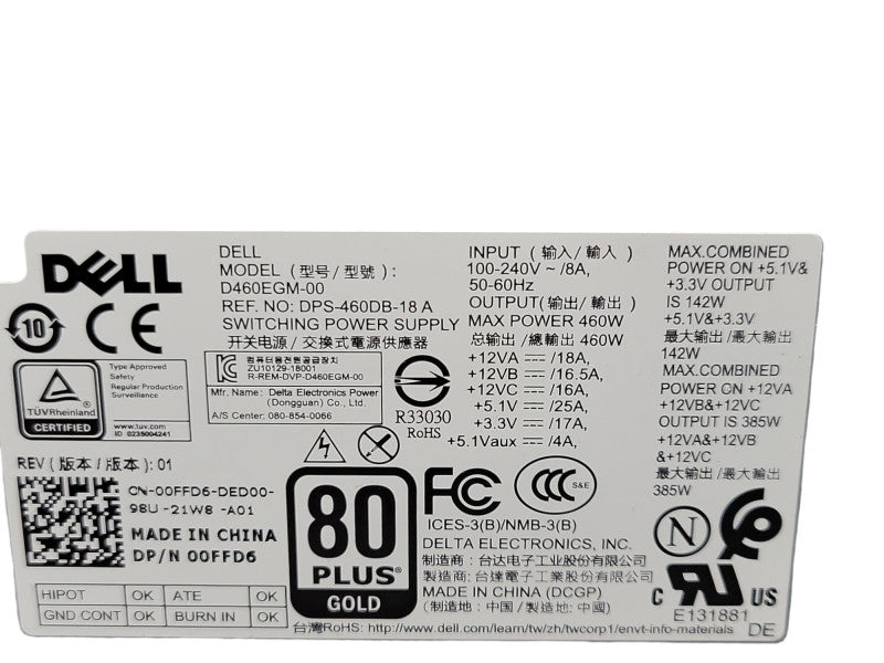 Dell Precision 3630 MT 460W 80 Plus Gold Power Supply D460EGM-00 _