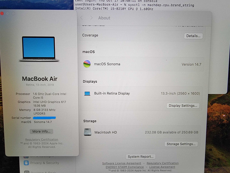 MacBook Air 13" 2019 | 2-Core i5-8210Y @1.6GHz 8GB RAM 250GB SSD - READ