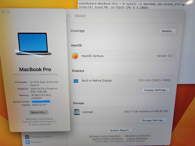 MacBook Pro 13" 2017 | 2-Core i5-7267U @3.1GHz 16GB RAM 500GB SSD - READ