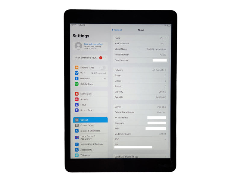 Apple iPad 9th Gen 256GB, A2603, WiFi + Cellular, Unlocked