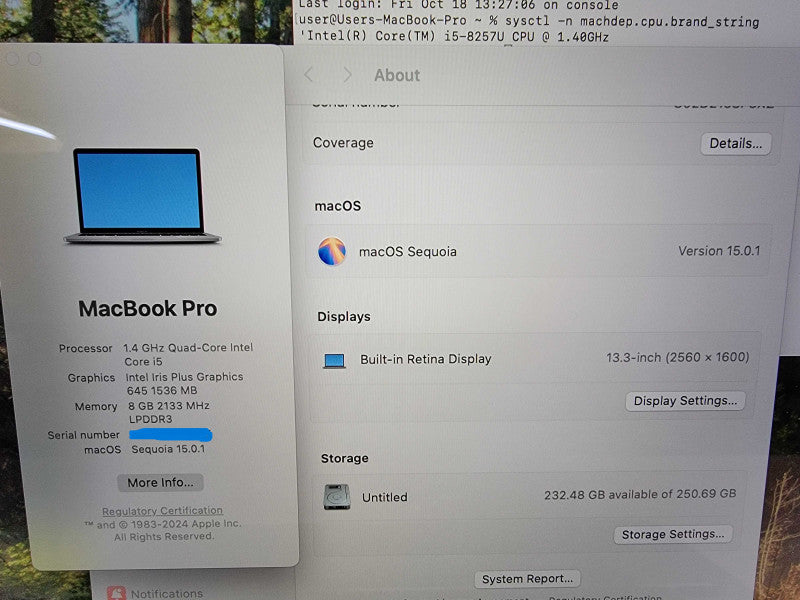 MacBook Pro Retina 13" 2020 | 4-Core i5-8257U @1.4GHz | 8GB RAM | 250GB SSD
