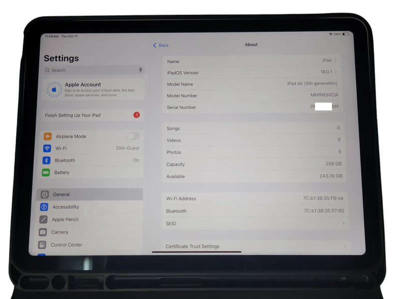 Apple iPad Air 5th Gen 256GB A2588 Unlocked, No Pencil _