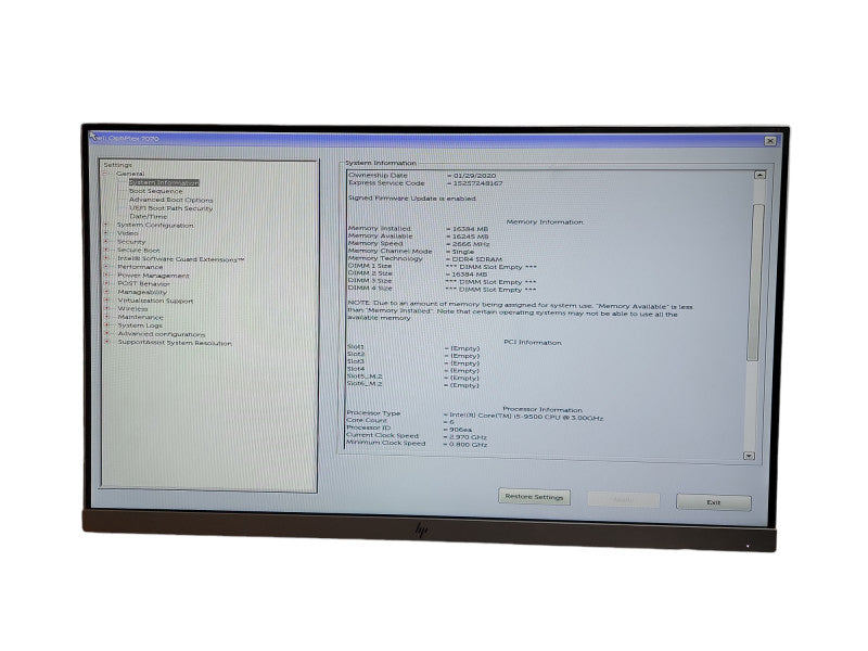 Dell Optiplex 7070  i5 - 9500 CPU @ 3.00GHz 16GB DDR4 Ram Qθ