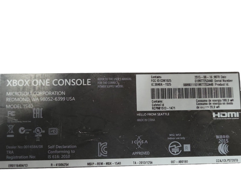 Microsoft Xbox One Console Model 1540 missing cover. READ _