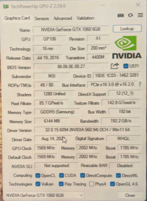 MSI NVIDIA GeForce GTX 1060 Gaming X | 6GB GDDR5 GPU | 1xDVI 1xHDMI 3xDP