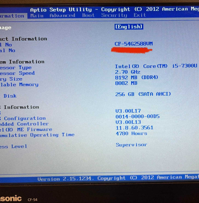 Panasonic ToughBook CF-54 i5-7300U@2.6GHz 8GB RAM 256GB SSD 4780Hrs.