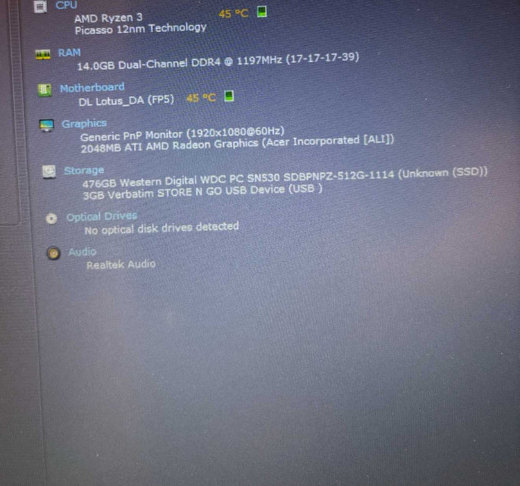 Acer Aspire 3 A315-23 AMD Ryzen 3-3250U@2.6GHz RADEON GPU 16GB RAM 512GB SSD  Lap200