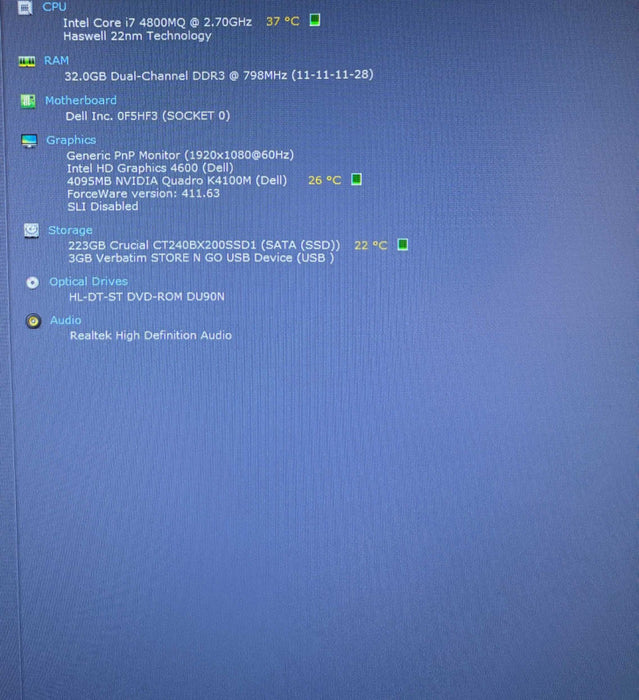 Dell Precision M6800 i7-4800MQ QUADRO K4100M 4GB GPU 32GB RAM 240GB SSD READ!  Lap200