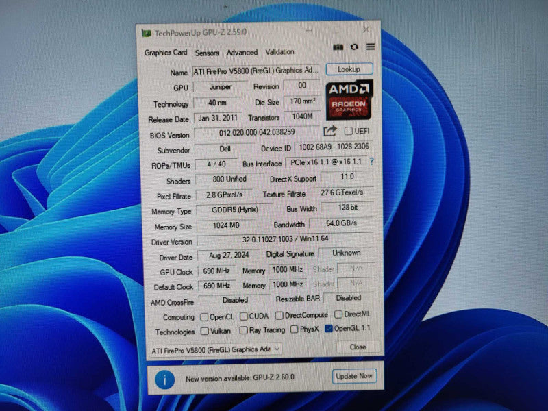 AMD FIrePro V5800 PCIe 1GB GDDR5 2x DisplayPort 1x DVi Graphics Card  $