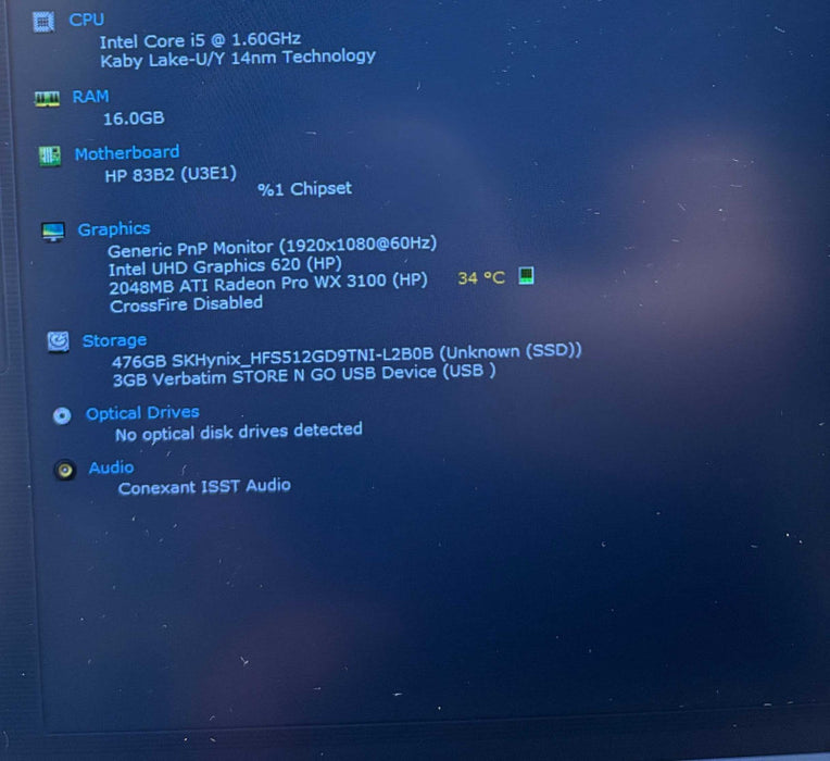 HP ZBook 14u G5 i5-8250U@1.6GHzRadeon PRO WX 3100 2GB GPU 16GB RAM 512GB SSD  Lap200