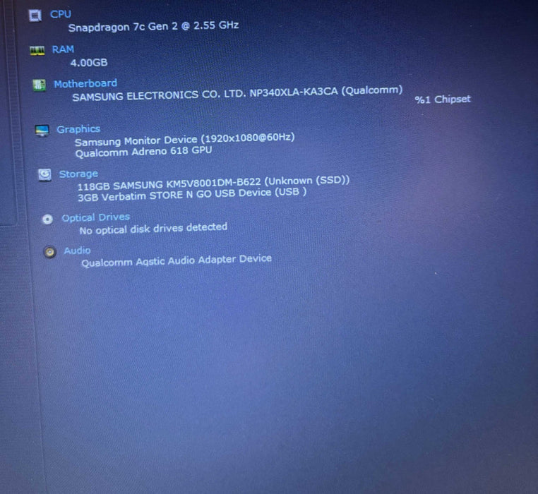 Samsung Galaxy Book Go Snapdragon 7c Gen 2@2.55GHz 4GB RAM 120GB SSD  Lap200