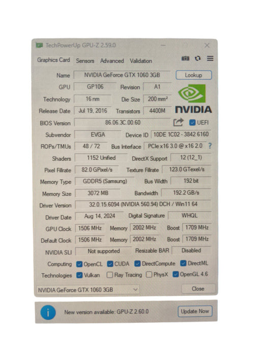 EVGA NVIDIA GeForce GTX 1060  | 3GB GDDR5 GPU | 1xDVI 1xHDMI 3xDP