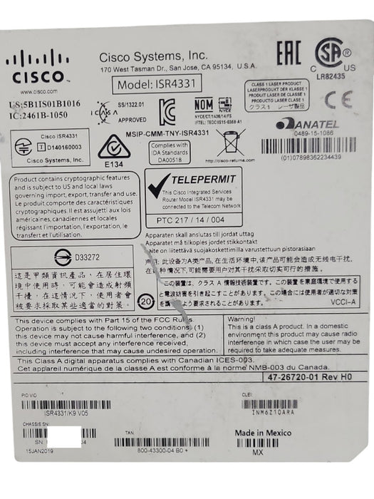 Cisco 4300 Series ISR4331/K9 ISR 4331 Services Router W/ NIM-2FXO _