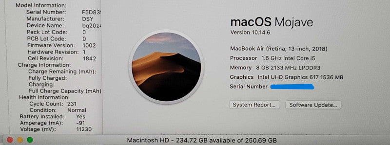 Macbook Air Retina 13" 2018 | i5-8210Y| 8GB| 256GB SSD  READ β