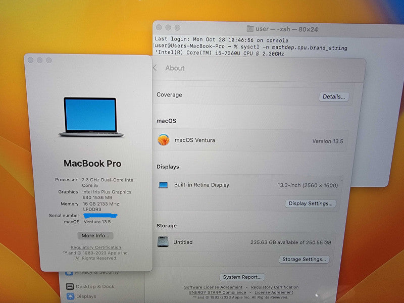 MacBook Pro Retina 13" | 2-Core i5-7360U @2.3GHz 16GB RAM 250GB SSD - READ