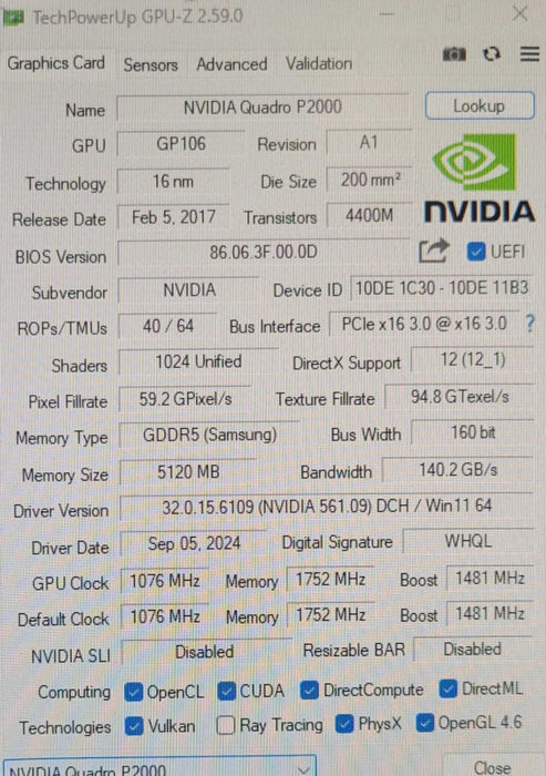 NVIDIA Quadro P2000 5GB Graphics Card, 4x Display Ports _