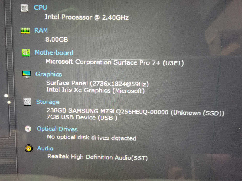 MS Surface Pro 7+ 1961 | 4-Core i5-1135G7 @2.4GHz | 8GB RAM 256GB SSD - READ