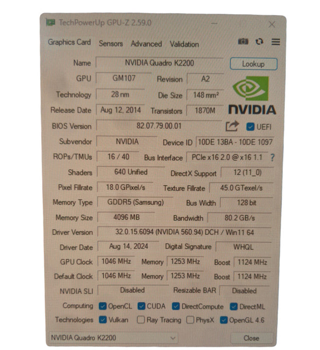 NVIDIA Quadro K2200 GDDR5 4GB PCI-E Graphics Card 2x DisplayPort  1x DVI-I