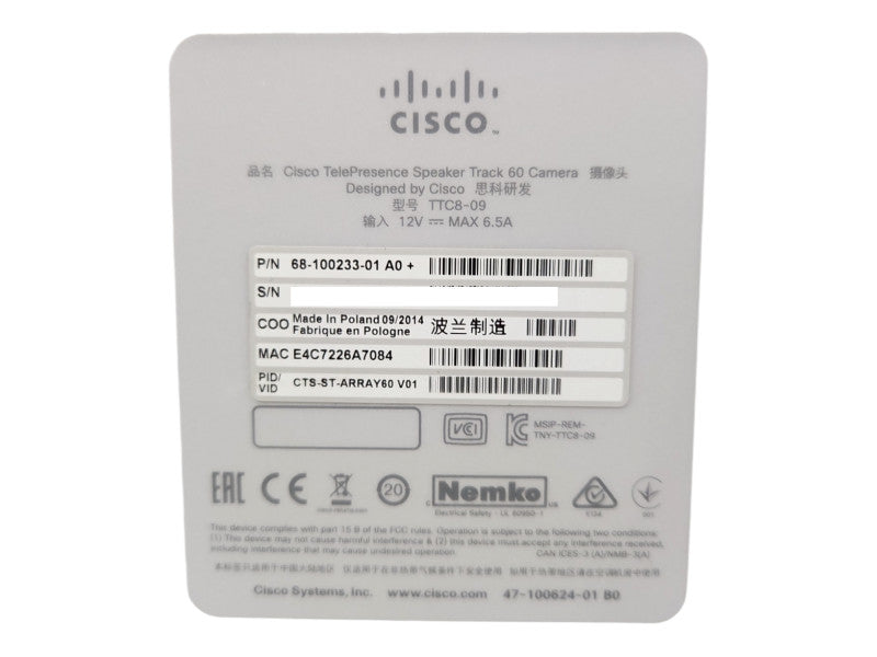 Cisco TelePresence SpeakerTrack 60 68-100233-01 w/ TTC8-09 Dual Camera