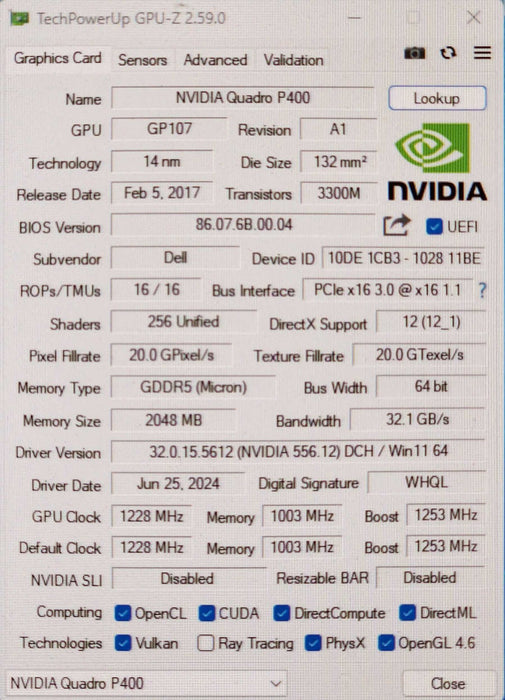 Nvidia Quadro P400 2GB GDDR5 PCIe 3.0 x16 Graphics Video Card
