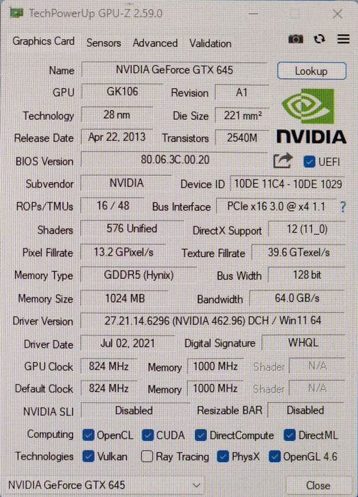 NVIDIA GeForce GTX 645 1GB GDDR5 PCI-E x16 HDMI DVI DP Graphics Card