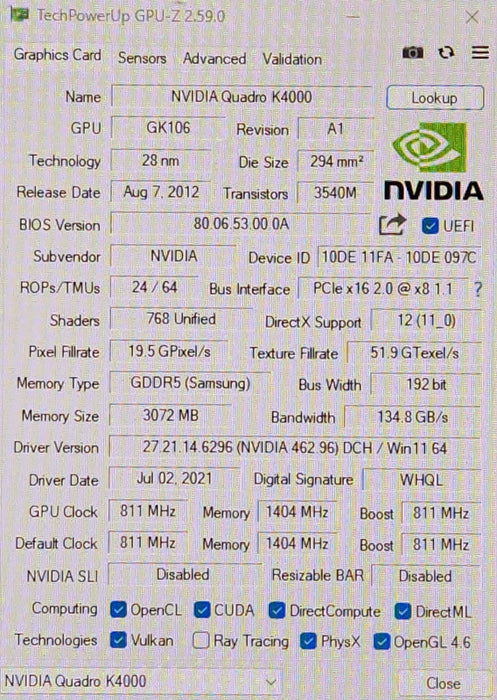 NVIDIA QUADRO K4000, 3GB Graphics Card, 1x HDMI 1x DVI 1x Display Port
