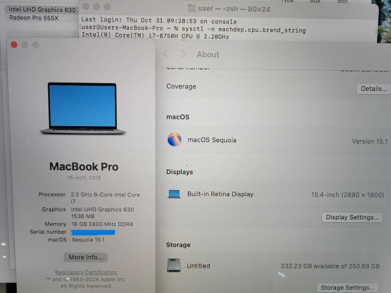 MacBook Pro 15" 2018 |6-Core i7-8750H @2.2GHz 16GB RAM 250GB SSD Radeon -READ