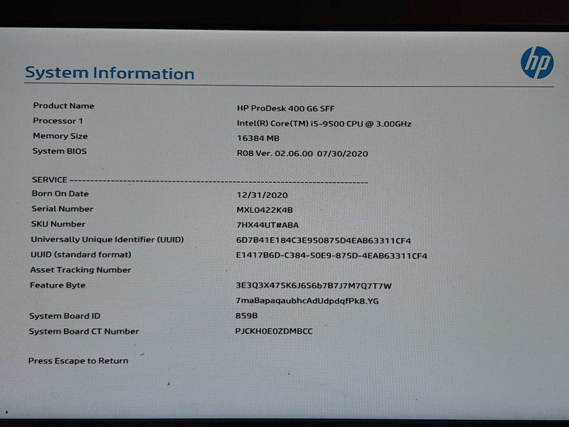HP ProDesk 400 G6 SFF, i5-9500 CPU@ 3.00 GHz, 16GB DDR4