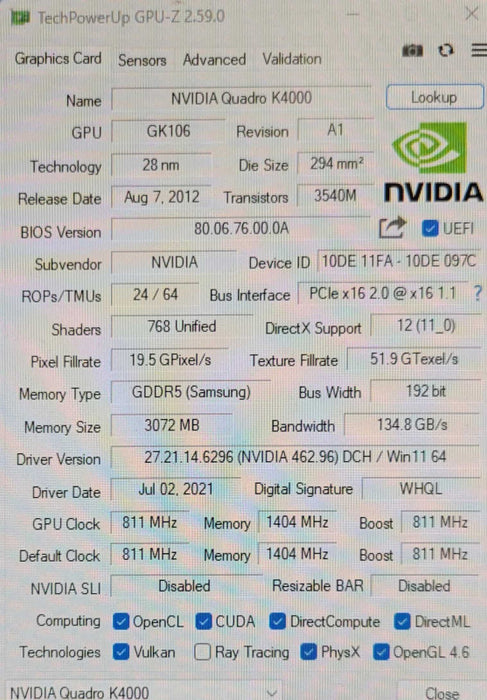 NVIDIA QUADRO K4000, 3GB Graphics Card, 1x DVI 2x Display Ports _