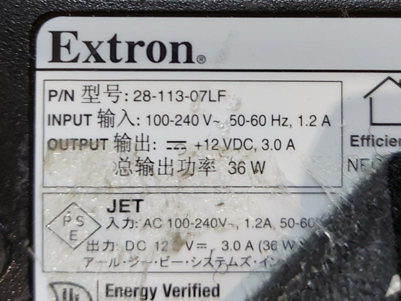 Extron 28-113-07LF 12V 3A 36W Power Supply