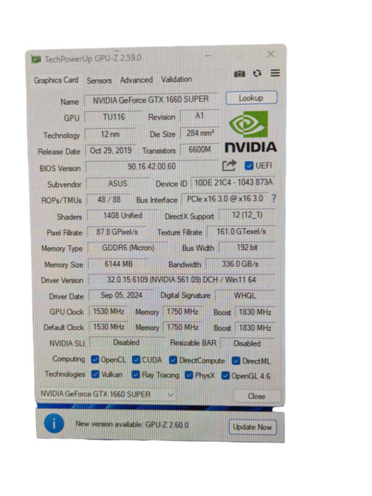 NVIDIA ASUS GeForce GTX 1660 Super 6GB DUAL-GTX1660S-O6G-EVO READ  -