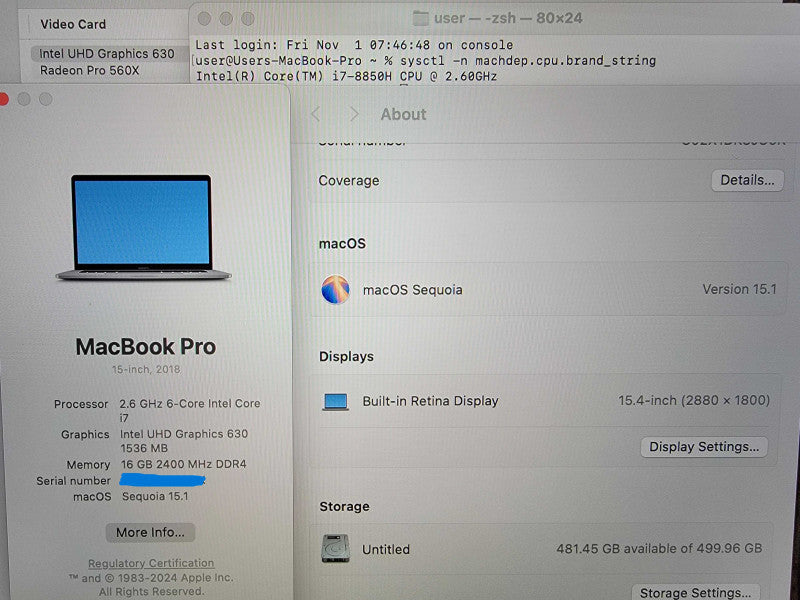 MacBook Pro 15" 2018 | 6-Core i7-8850H @2.6GHz 16GB RAM 500GB SSD Radeon READ