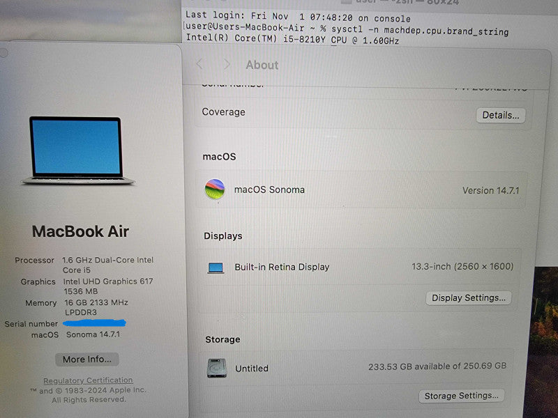 MacBook Air 13" 2019 | 2-Core i5-8210Y @1.6GHz | 16GB RAM | 250GB SSD - READ