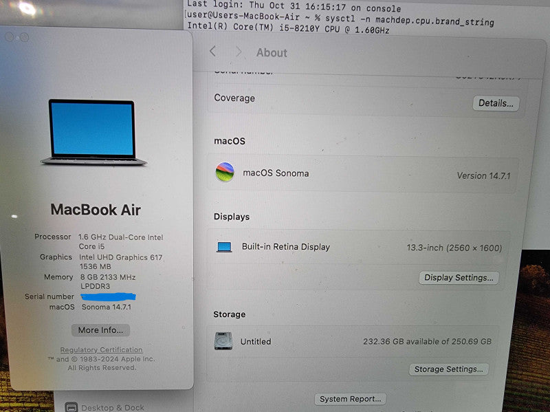 MacBook Air 13" 2018 | 2-Core i5-8210Y @1.6GHz | 8GB RAM | 250GB SSD - READ