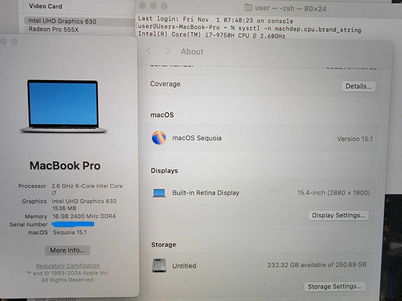 MacBook Pro 15" 2019 | 6-Core i7-9750H @2.6GHz 16GB RAM 250GB SSD Radeon READ