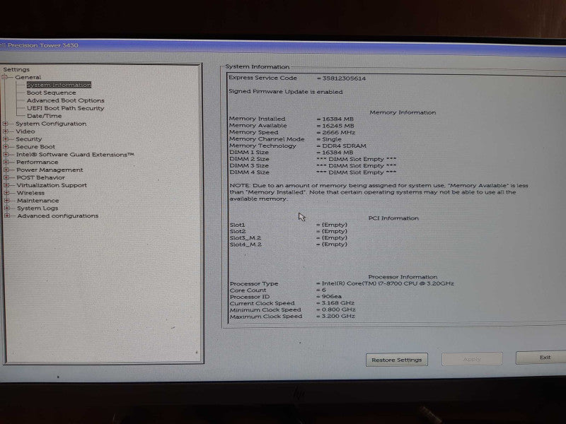 Dell Precision SFF Desktop, 3430 i7 - 8700 CPU @ 3.20GHz 16GB DDR4 Ram