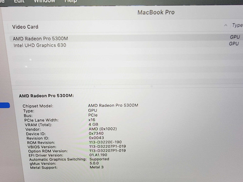 Apple Macbook Pro 2019 16" 6-Core i7-9750H @ 2.6GHz 16GB DDR4 500GB SSD Radeon Pro 5300M 4GB (