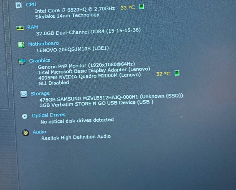 Lenovo ThinkPad P50 i7-6820HQ@2.7GHz QUADRO M2000M 4GB GPU 32GB RAM 512GB SSD  Lap200
