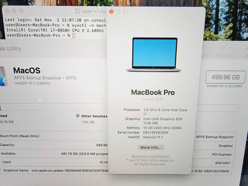 Apple Macbook Pro 2018 15" 6-Core i7-8850H @ 2.6GHz 16GB DDR4 500GB SSD (