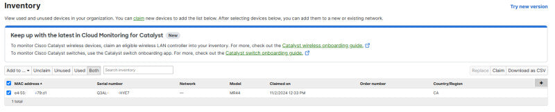 Cisco Meraki MR44-HW 2.5GHz Wireless Access Point, UNCLAIMED