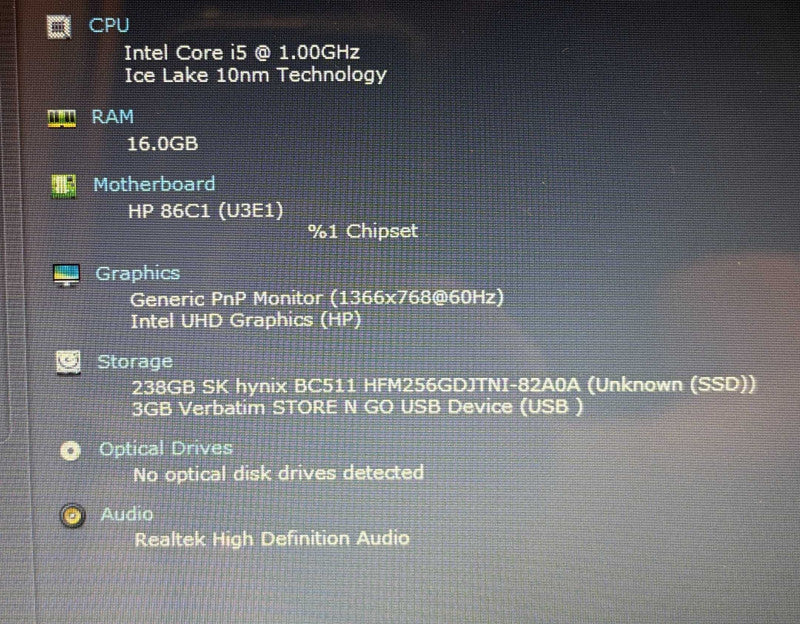 HP 250 G7 Intel Core i5-1035G1@1GHz 16GB RAM 256GB SSD READ!  Lap200